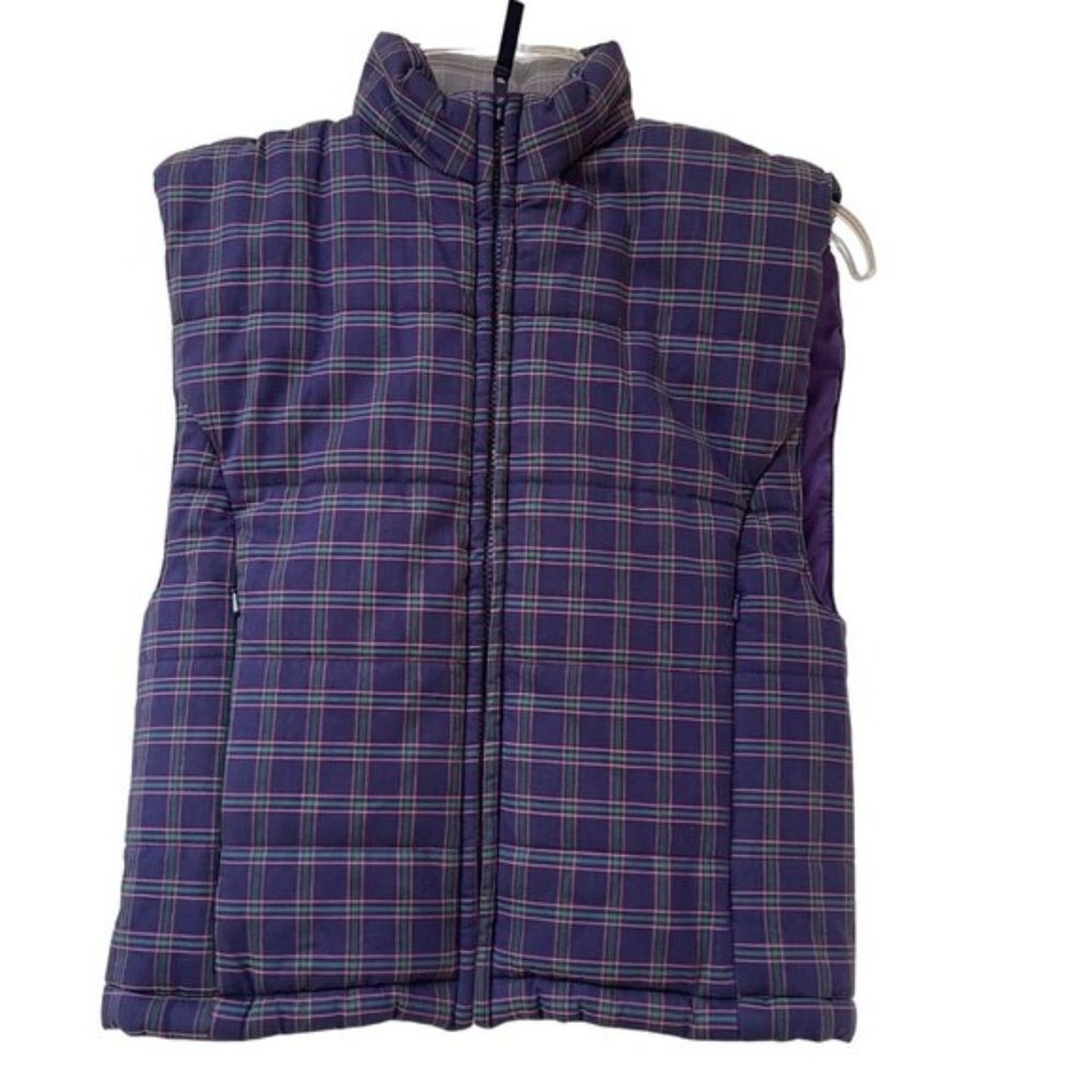Ralph Lauren Plaid Puffer Vest Womens Medium Blue Green Full Zip Foldable Hood